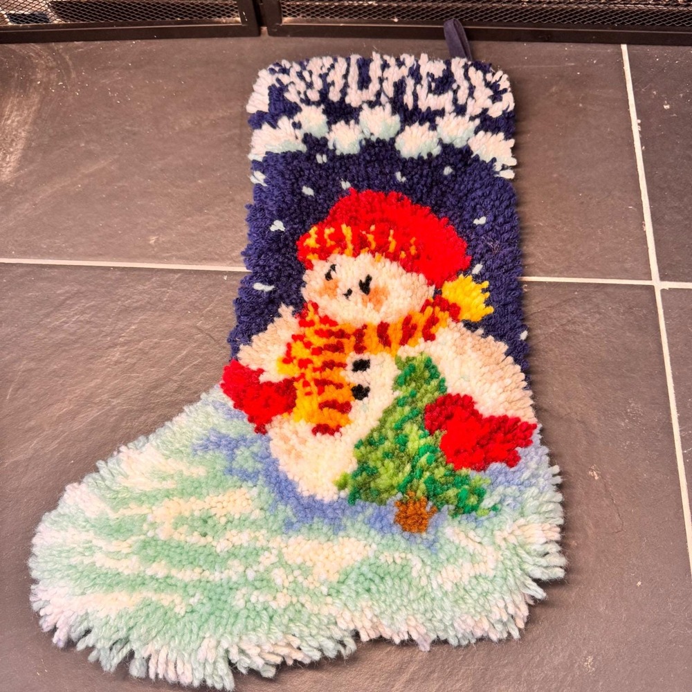 Vintage Latch Hook Christmas Stocking Snowman Shag Yarn Handmade Holiday Decor